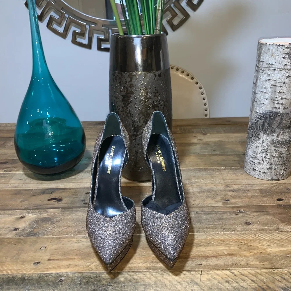 Saint Laurent Silver Glitter Platform Pumps